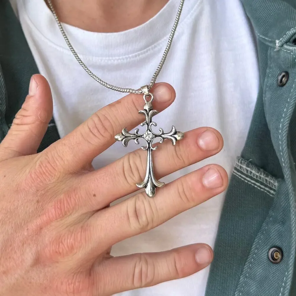 Silver Gothic Cross Pendant Necklace Unisex Stainless Steel Jewelry New